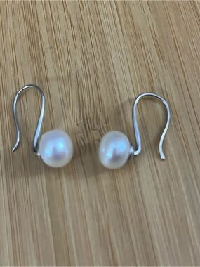 Classic White Pearl Drop Earrings with Silver Hooks
